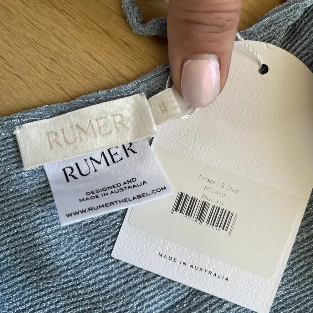 NWT Revolve x Rumer Tucker Blue Long Sleeve Cropped Top Womens Size Extra Small - Picture 4 of 7